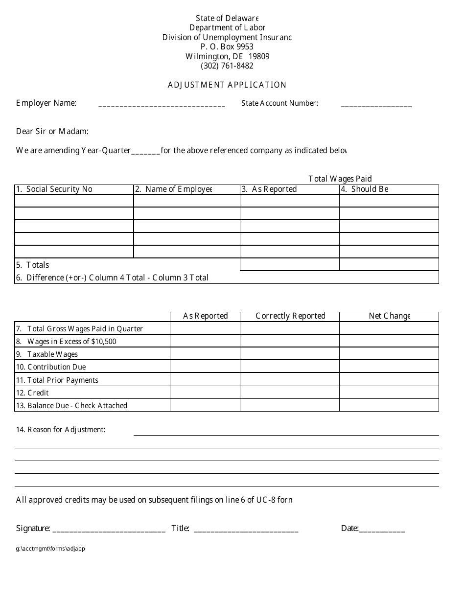 Adjustment Application - Delaware, Page 1