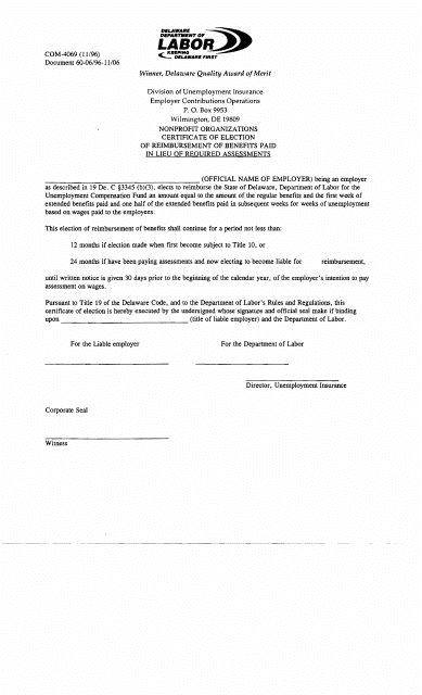Form COM-4069 Nonprofit Organizations Certificate of Election of Reimbursement of Benefits Paid in Lieu of Required Assessments - Delaware