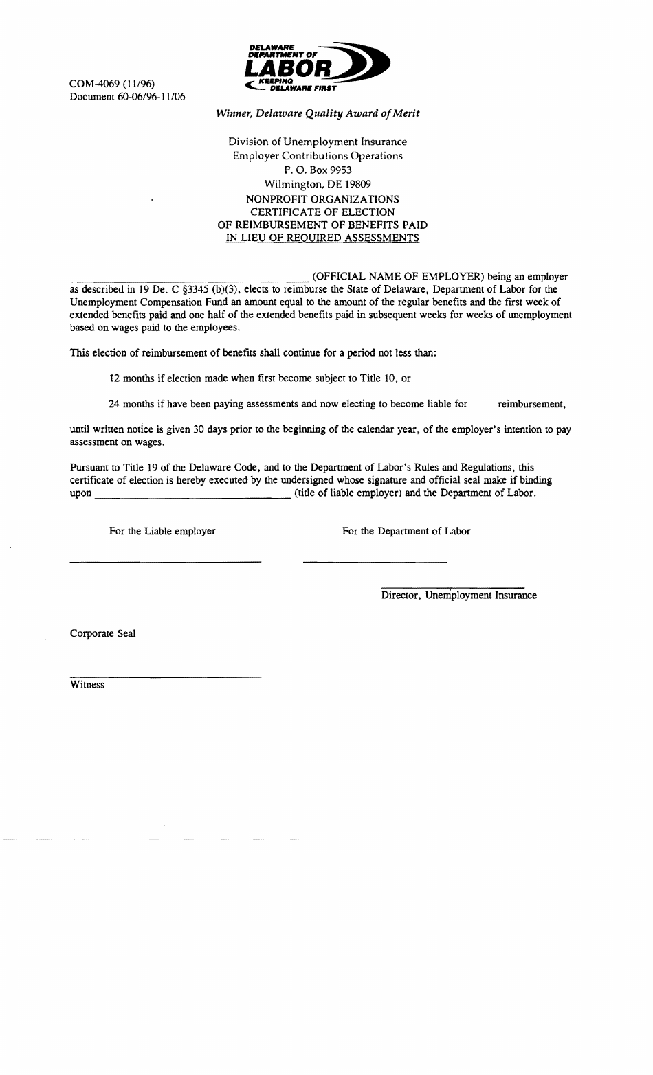 Form COM-4069 Nonprofit Organizations Certificate of Election of Reimbursement of Benefits Paid in Lieu of Required Assessments - Delaware, Page 1