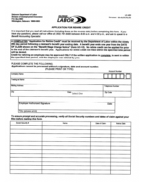 Form UC-400 Application for Rehire Credit - Delaware