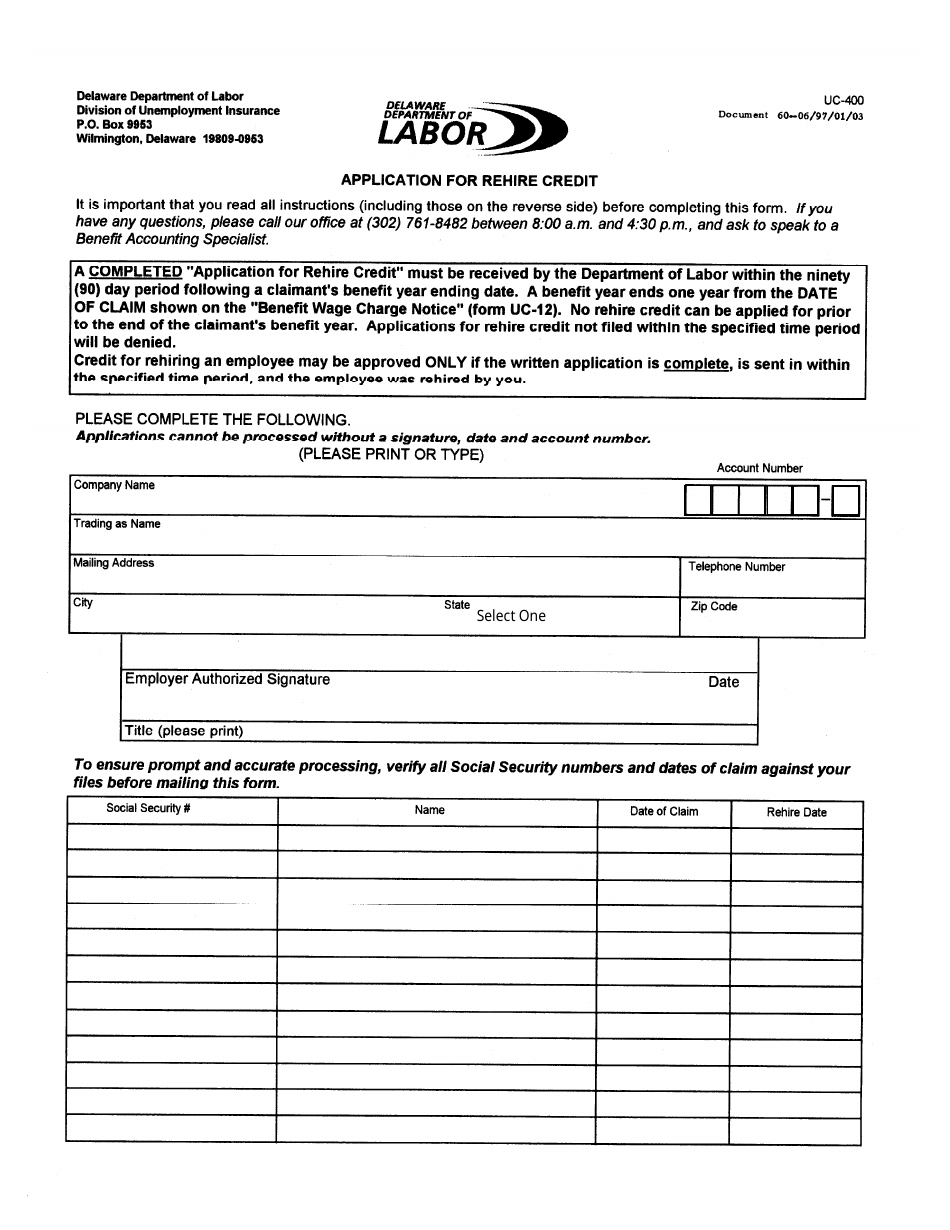 Form UC-400 Application for Rehire Credit - Delaware, Page 1