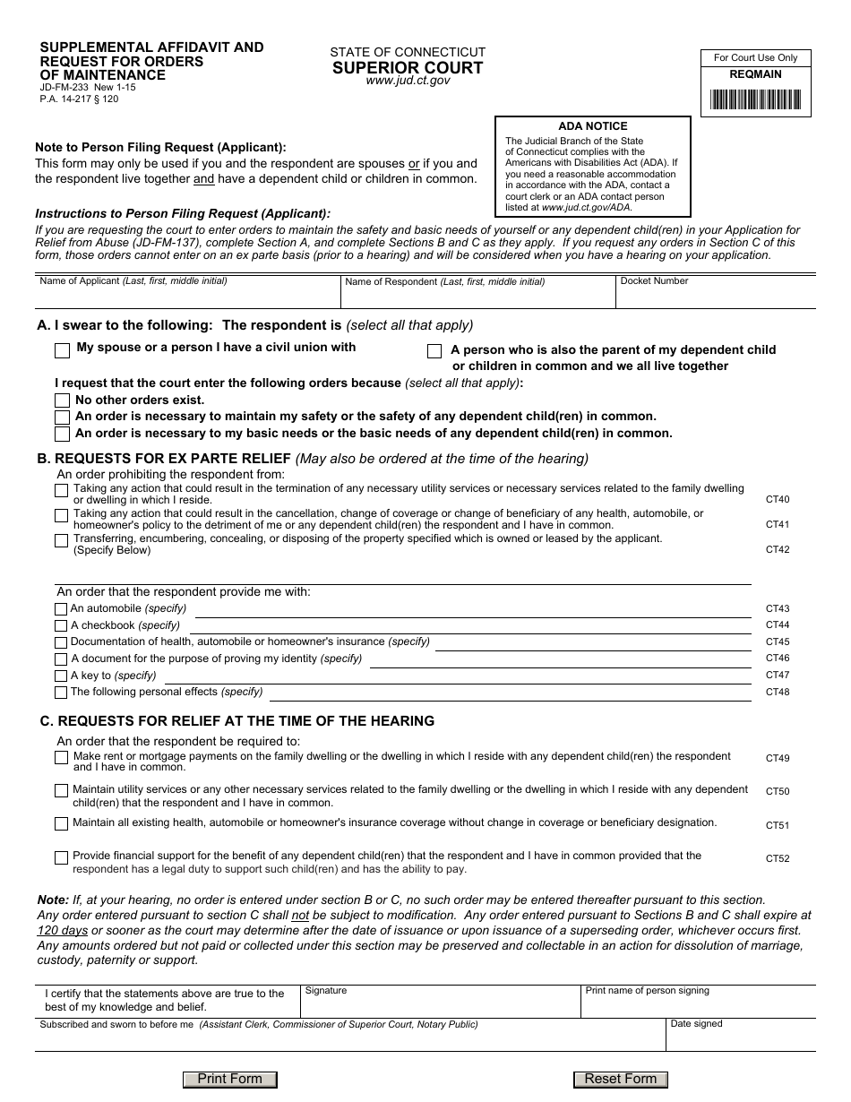 Form JD-FM-233 Supplemental Affidavit and Request for Orders of Maintenance - Connecticut, Page 1