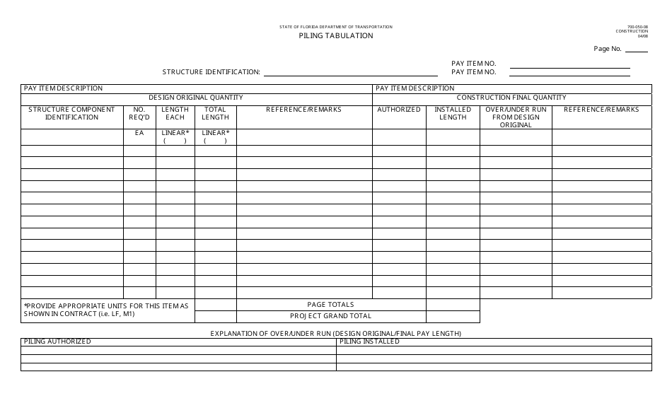Form 700-050-08 Piling Tabulation - Florida, Page 1