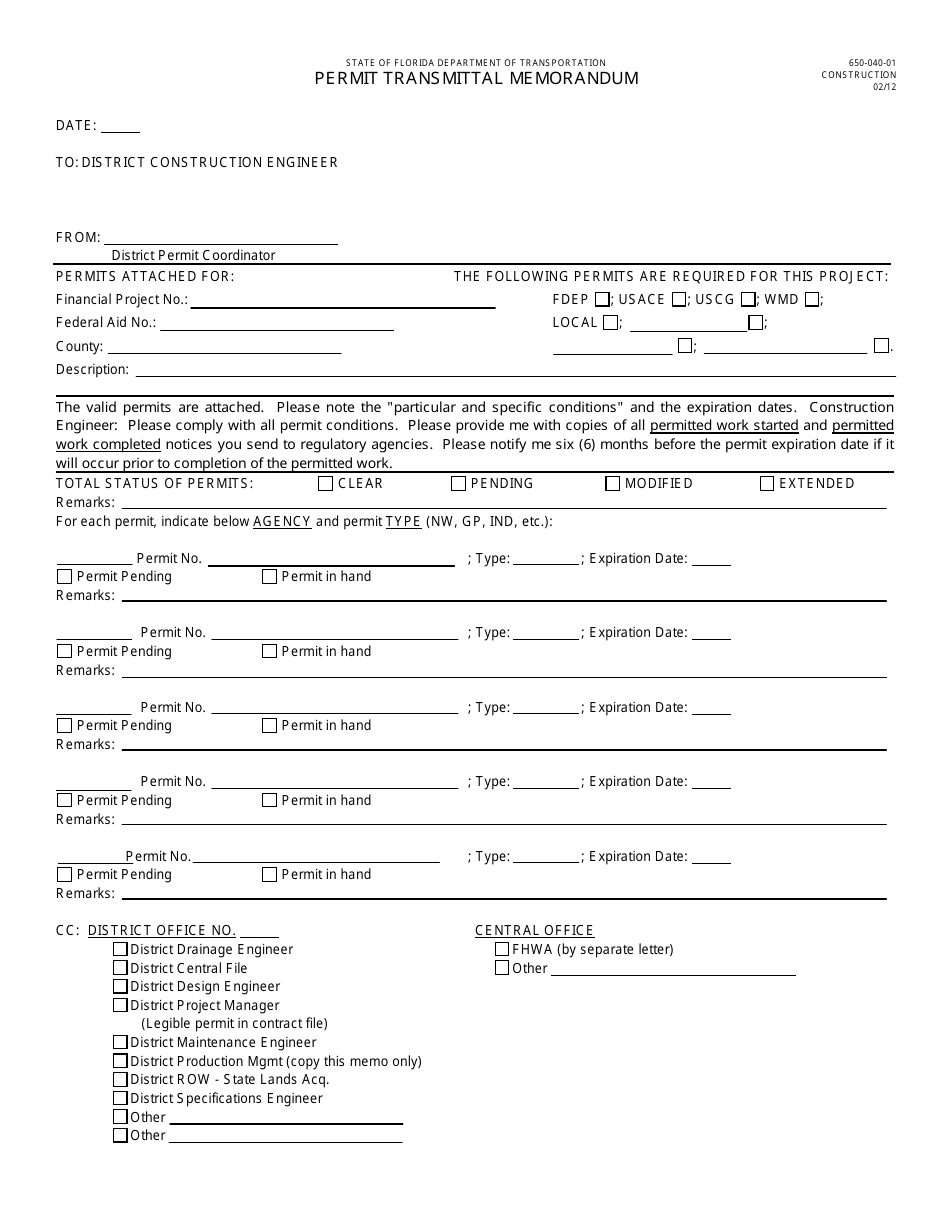 Form 650-040-01 Permit Transmittal Memorandum - Florida, Page 1