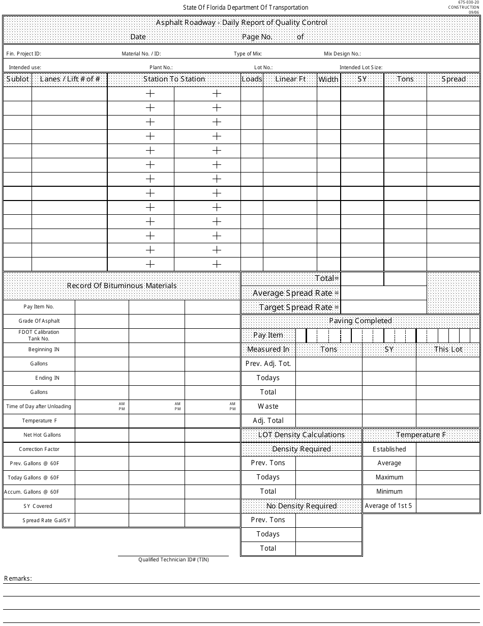 Form 675-030-20 Asphalt Roadway - Daily Report of Quality Control - Florida, Page 1