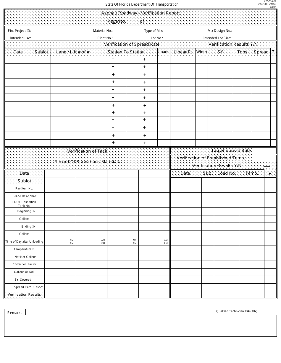 Form 675-030-21 Asphalt Roadway - Verification Report - Florida, Page 1