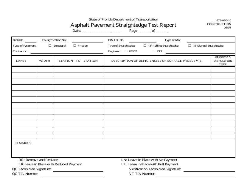 Form 675-060-10 Asphalt Pavement Straightedge Test Report - Florida