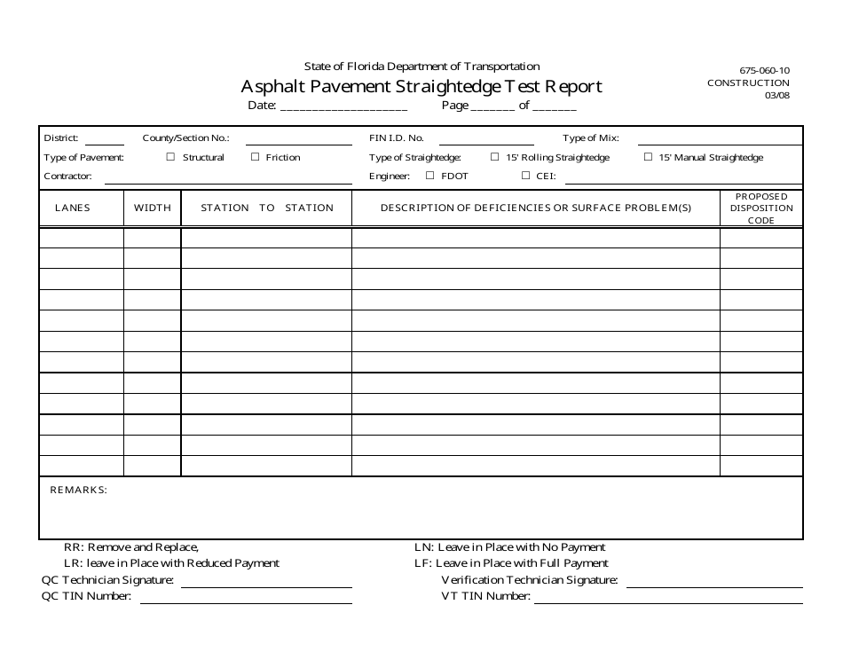 Form 675-060-10 Asphalt Pavement Straightedge Test Report - Florida, Page 1