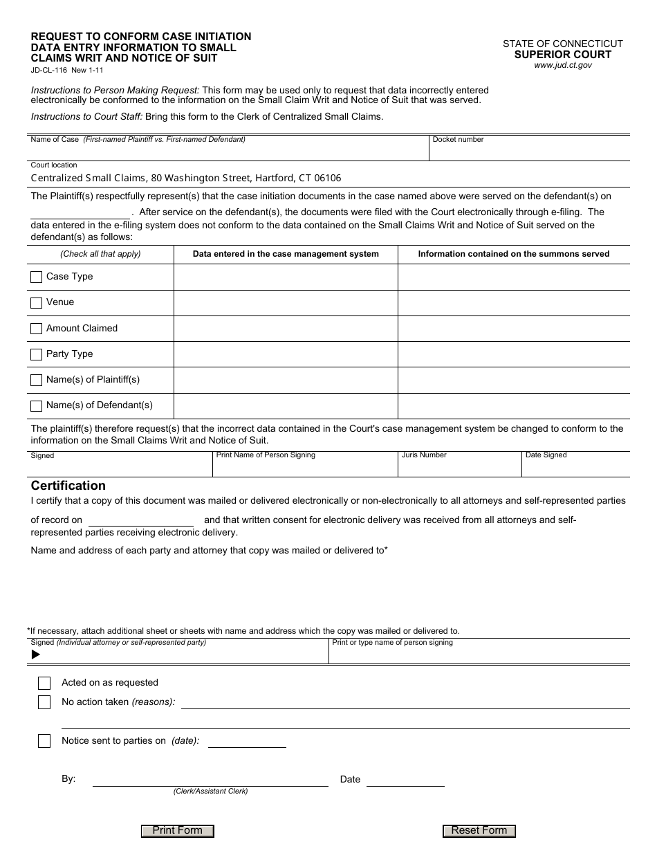 Form JD-CL-116 Request to Conform Case Initiation Data Entry Information to Small Claims Writ and Notice of Suit - Connecticut, Page 1