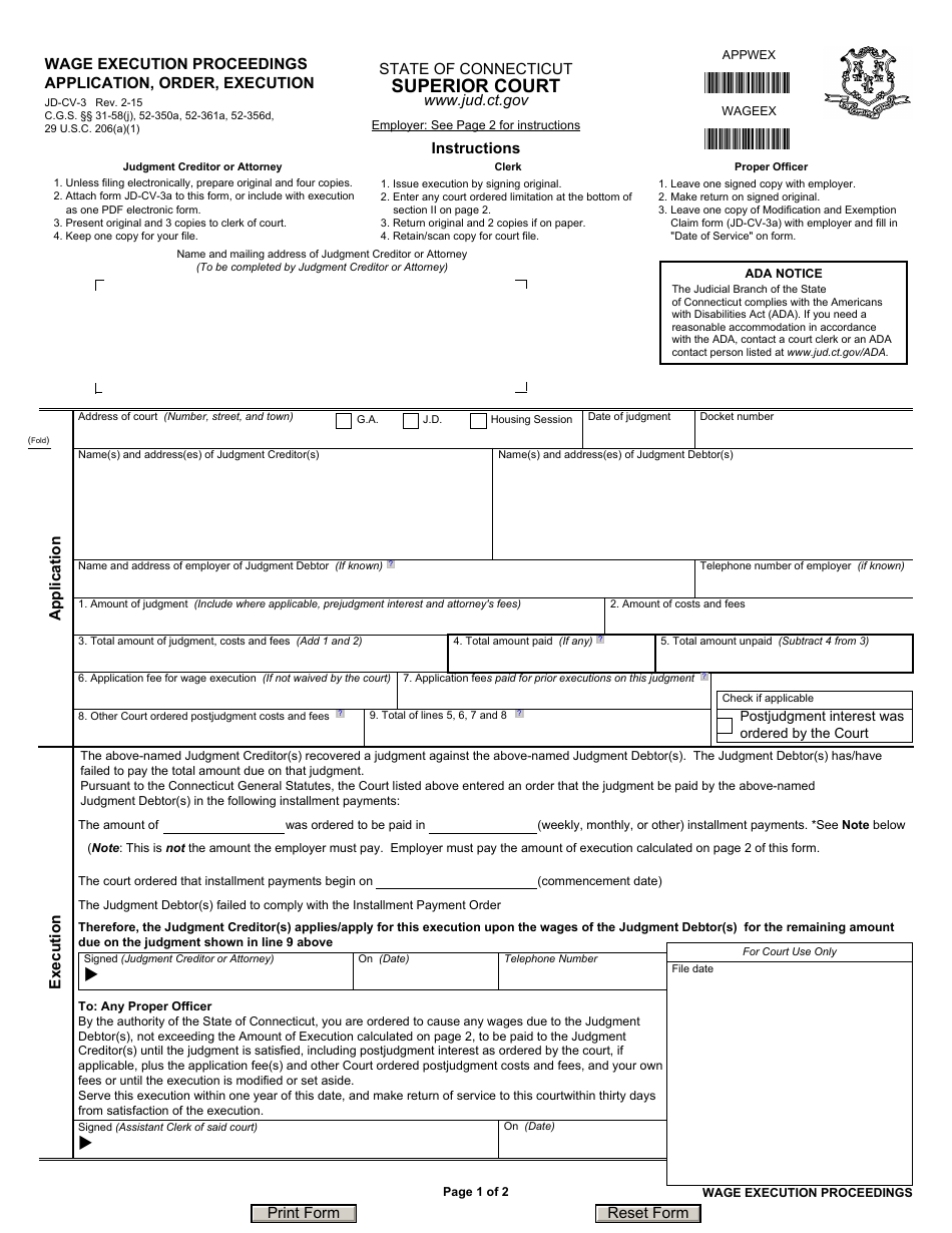 Form JD-CV-3 Wage Execution Proceedings - Application, Order, Execution - Connecticut, Page 1
