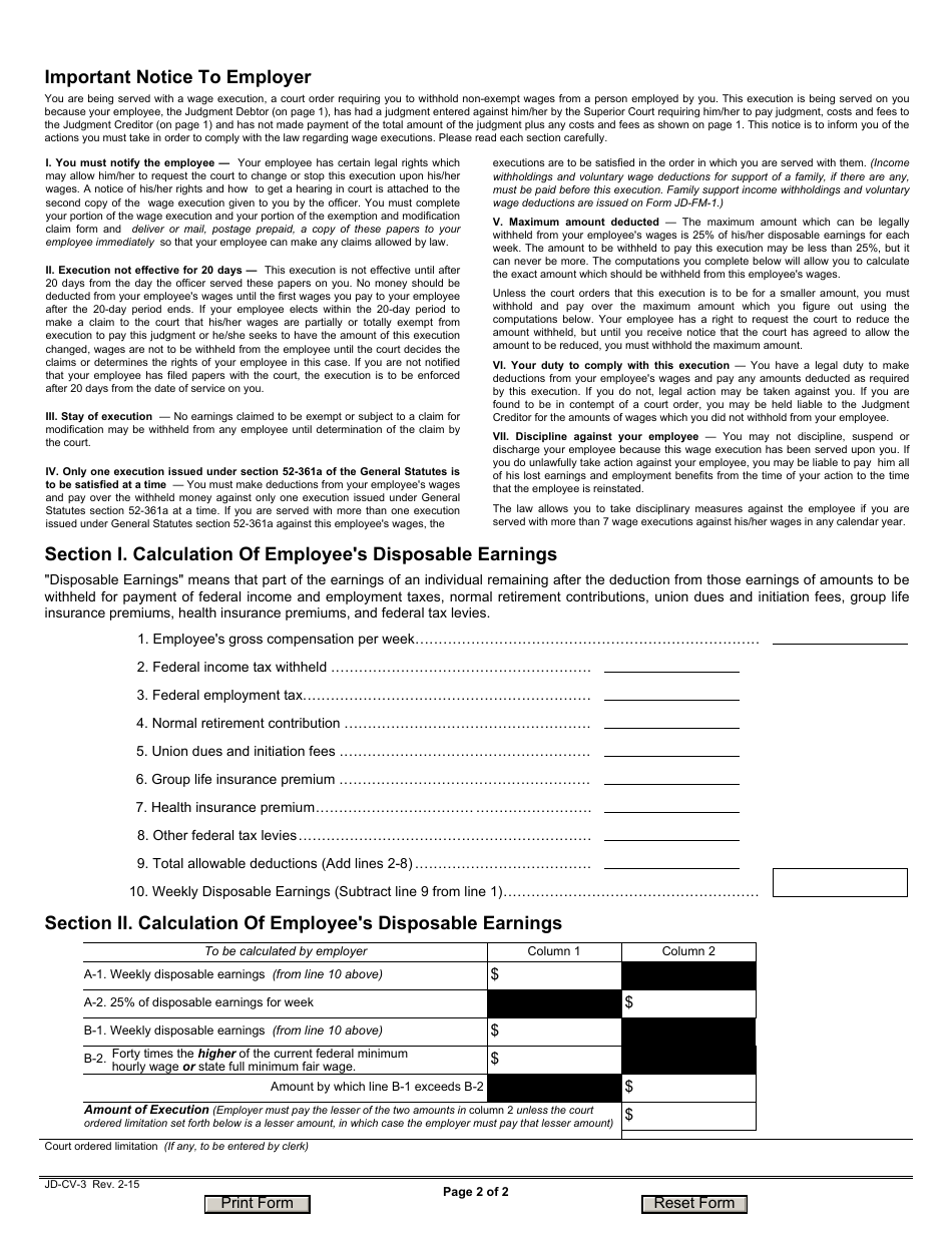 Form JD-CV-3 Wage Execution Proceedings - Application, Order, Execution - Connecticut, Page 2