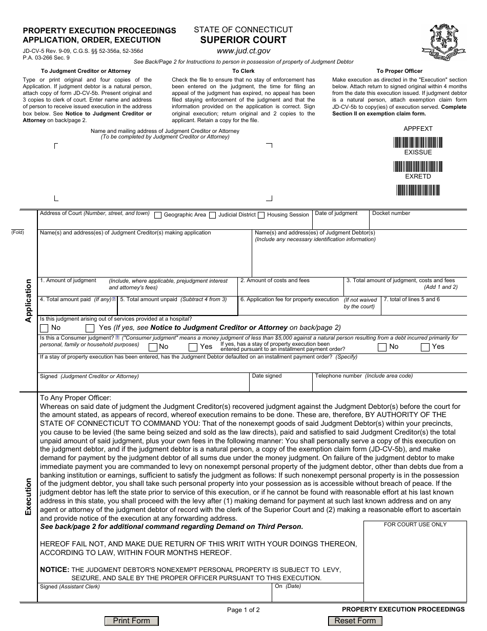 Form JD-CV-5 Property Execution Proceedings - Application, Order, Execution - Connecticut, Page 1