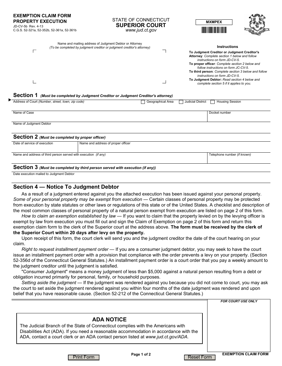 Form JD-CV-5B Exemption Claim Form, Property Execution - Connecticut, Page 1