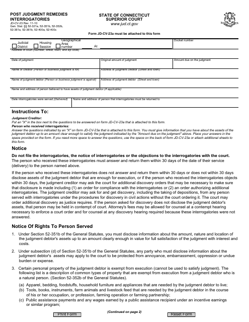Form JD-CV-23 Post Judgment Remedies Interrogatories - Connecticut