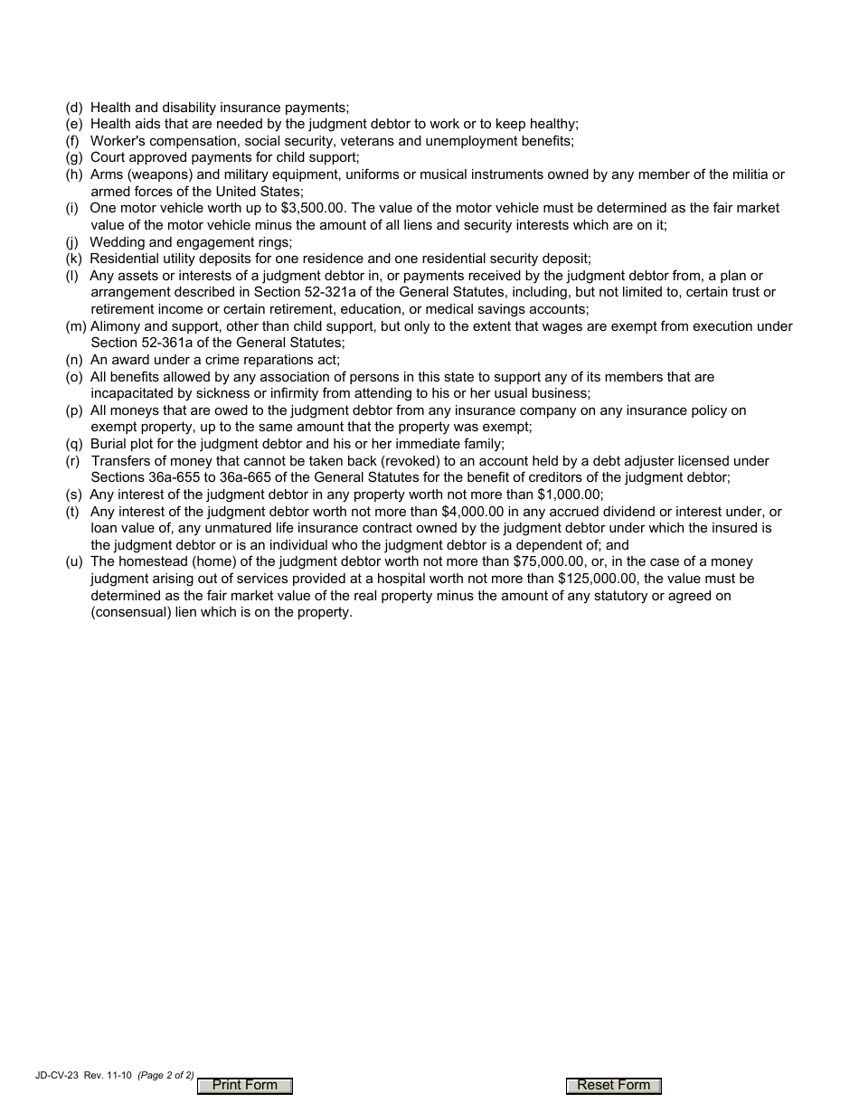 Form JD-CV-23 Post Judgment Remedies Interrogatories - Connecticut, Page 2