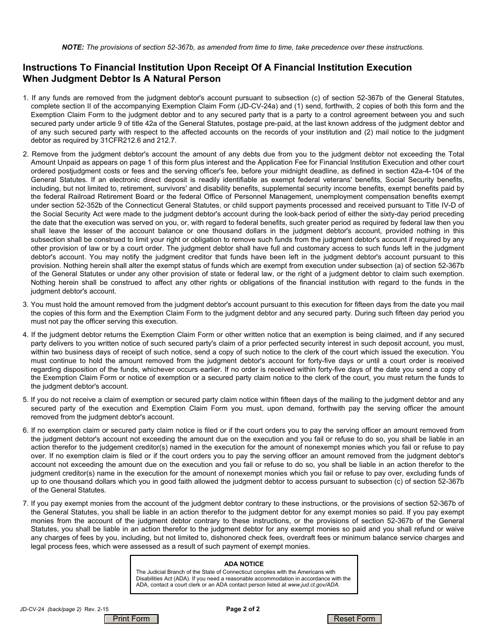 Form JD-CV-24 Financial Institution Execution Proceedings - Judgment Debtor Who Is a Natural Person, Application and Execution - Connecticut, Page 2