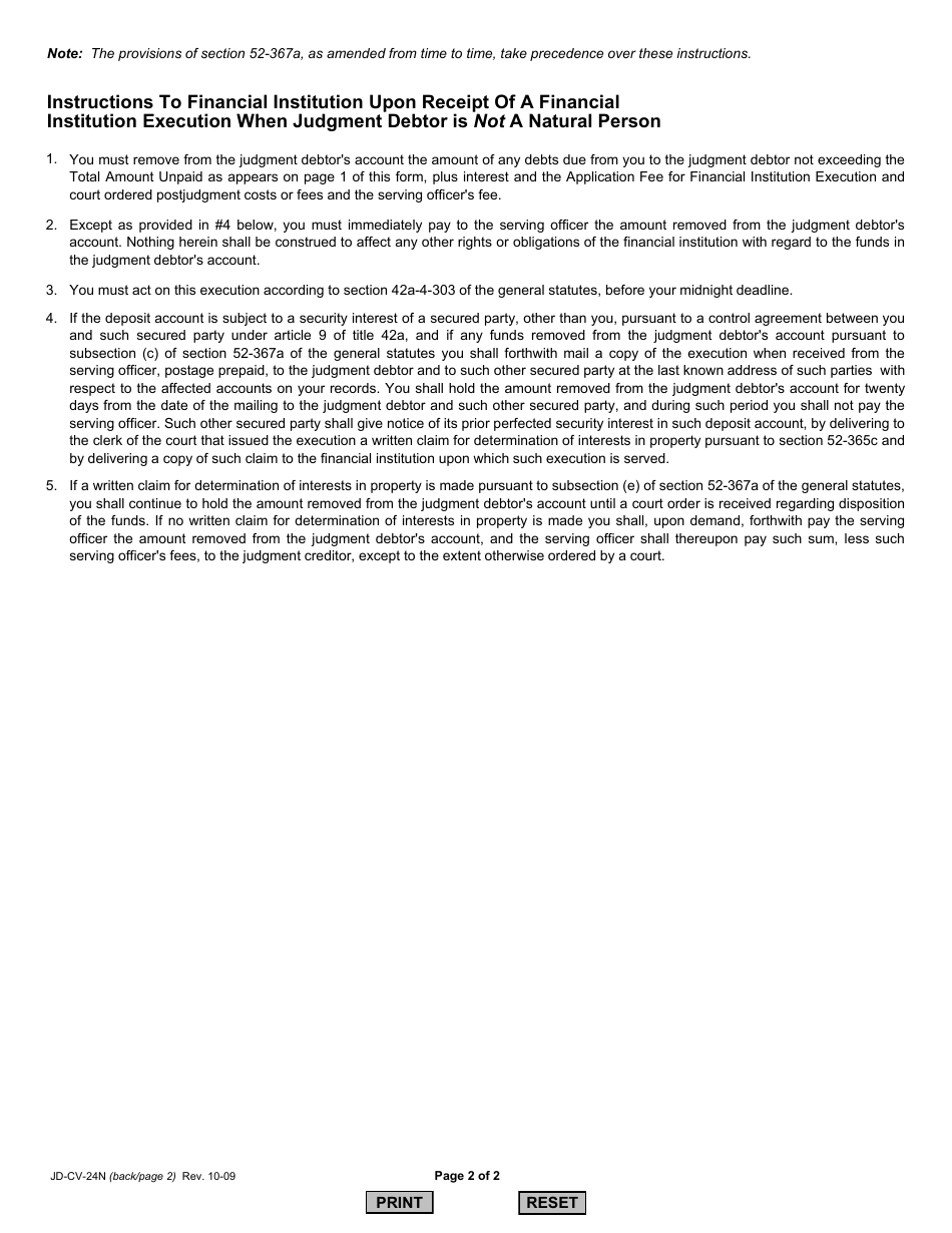 Form JD-CV-24N Financial Institution Execution Proceedings - Judgment Debtor Who Is Not a Natural Person, Application and Execution - Connecticut, Page 2