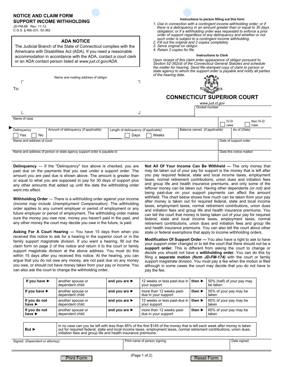 Form JD-FM-68 Notice and Claim Form - Support Income Withholding - Connecticut, Page 1