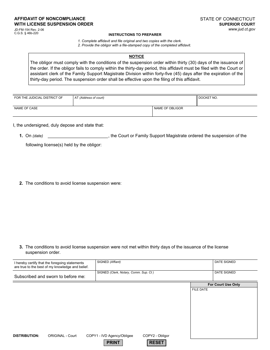 Form JD-FM-154 Affidavit of Noncompliance With License Suspension Order - Connecticut, Page 1