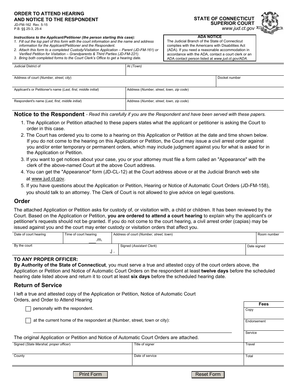Form JD-FM-162 Order to Attend Hearing and Notice to the Respondent - Connecticut, Page 1
