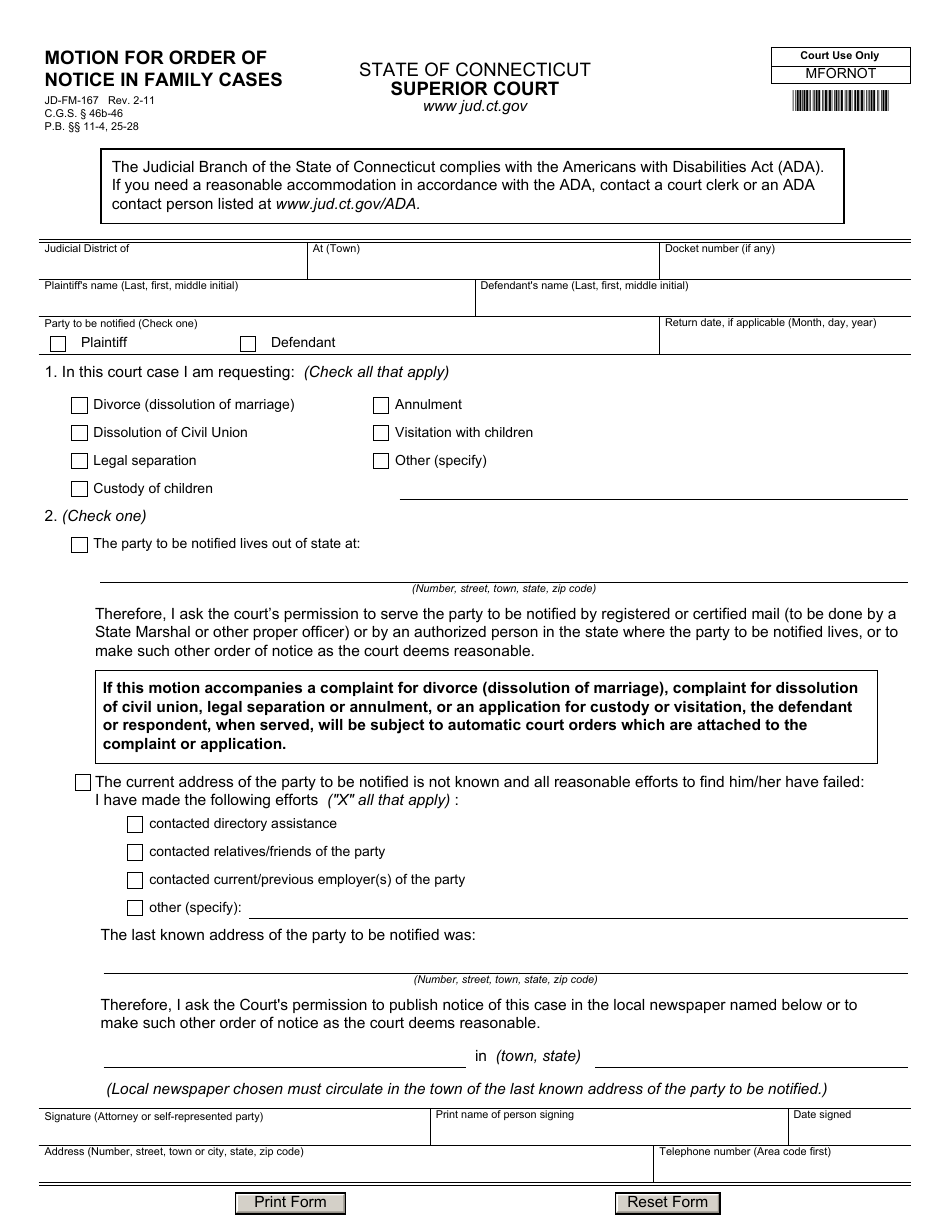 Form JD-FM-167 Motion for Order of Notice in Family Cases - Connecticut, Page 1