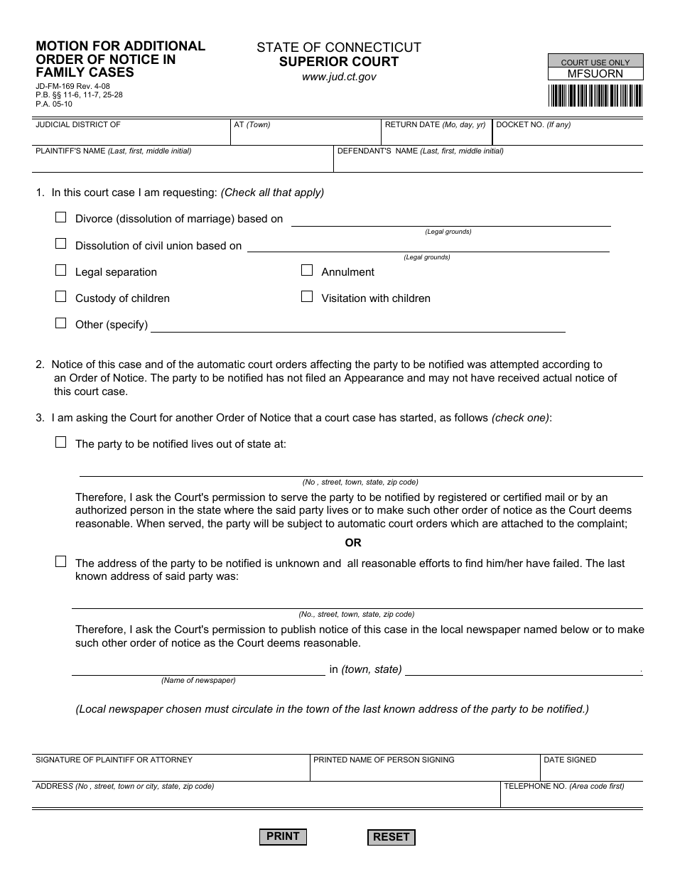 Form JD-FM-169 Motion for Additional Orders of Notice in Family Cases - Connecticut, Page 1