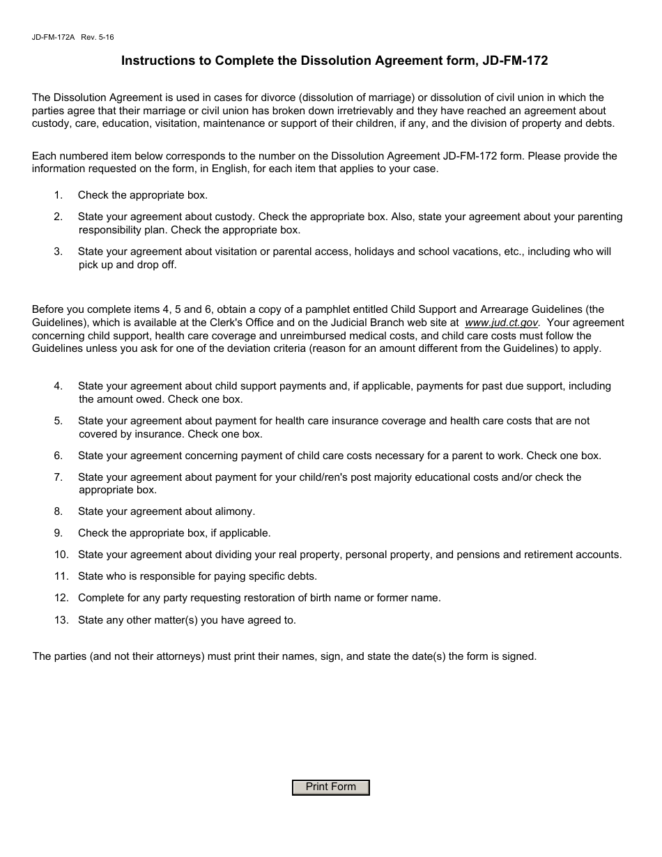 Instructions for Form JD-FM-172 Dissolution Agreement - Connecticut (English / Spanish), Page 1