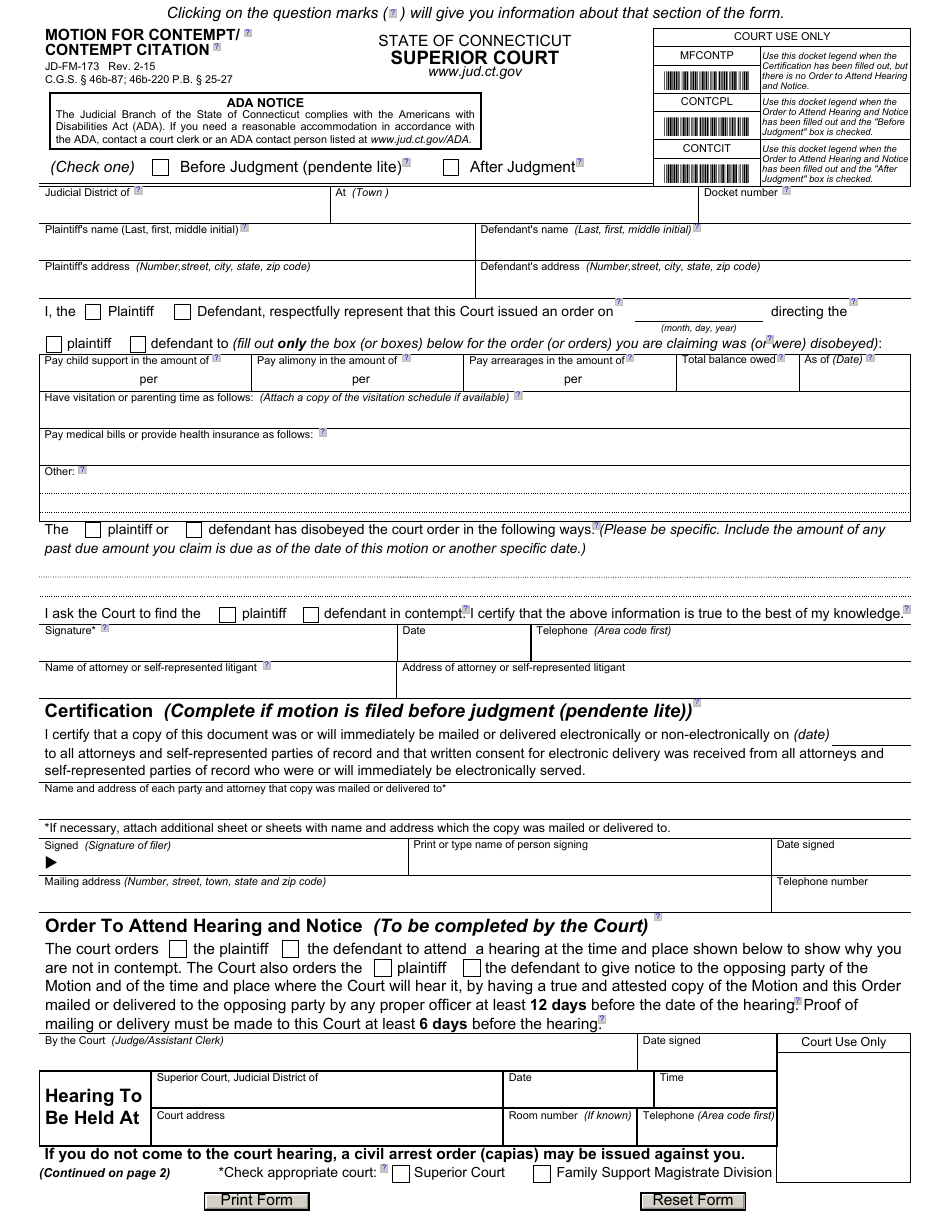 Form JD-FM-173 Motion for Contempt / Contempt Citation - Connecticut, Page 1