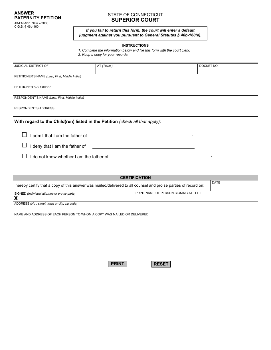Form JD-FM-187 Answer, Paternity Petition - Connecticut, Page 1