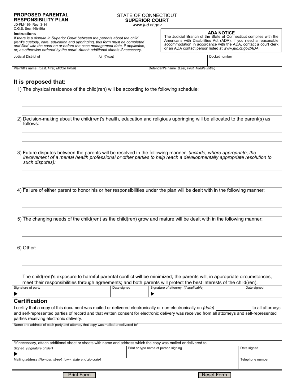 Form JD-FM-199 Proposed Parental Responsibility Plan - Connecticut, Page 1