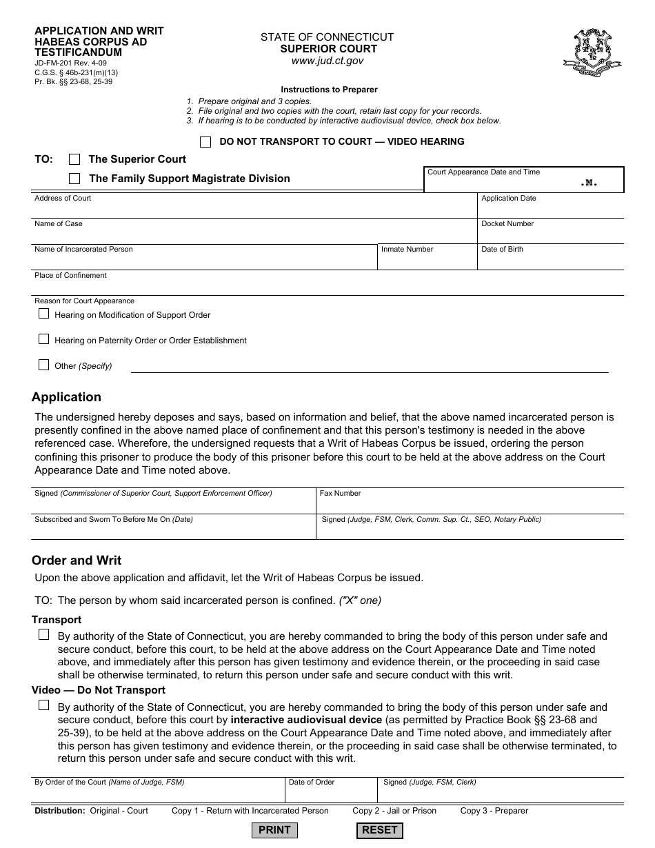 Form JD-FM-201 Application and Writ, Habeas Corpus Ad Testificandum - Connecticut, Page 1