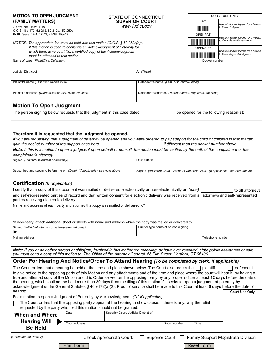 Form JD-FM-206 Motion to Open Judgment (Family Matters) - Connecticut, Page 1