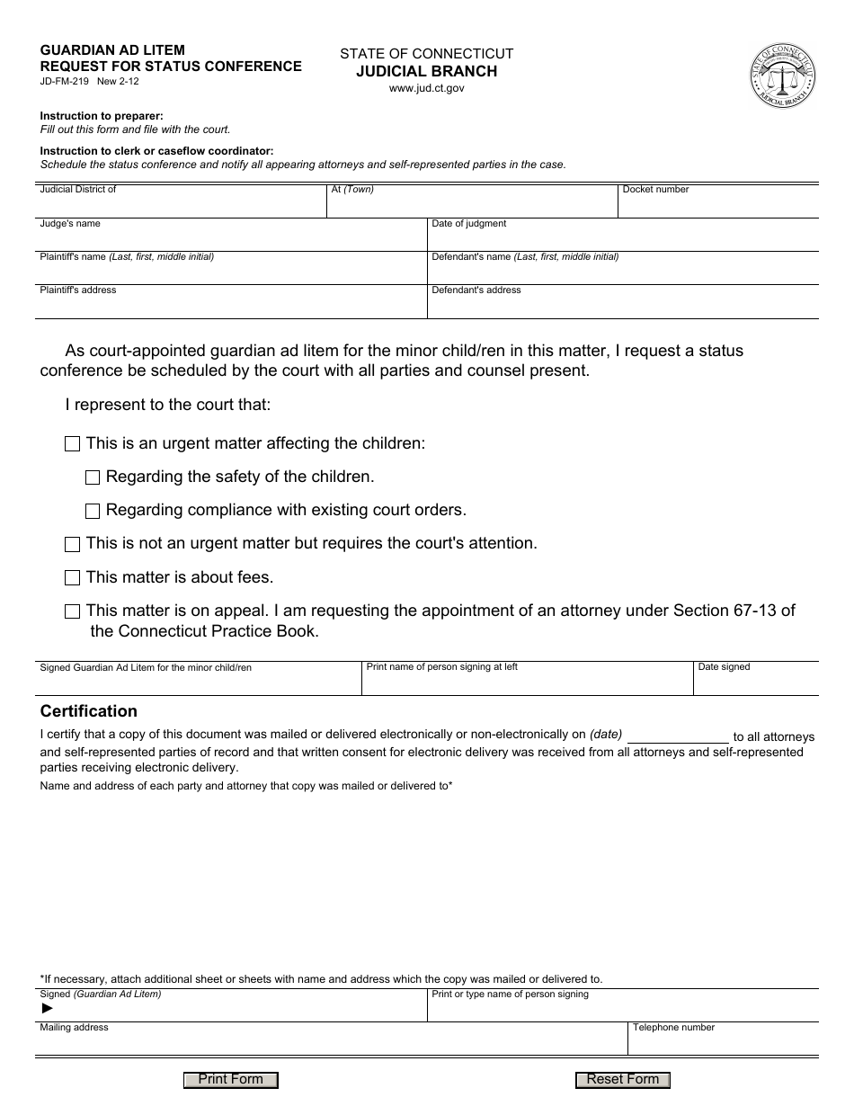 Form JD-FM-219 Guardian Ad Litem Request for Status Conference - Connecticut, Page 1