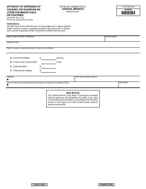 Form JD-FM-225 Affidavit of Expenses of Counsel or Guardian Ad Litem for Minor Child or Children - Connecticut