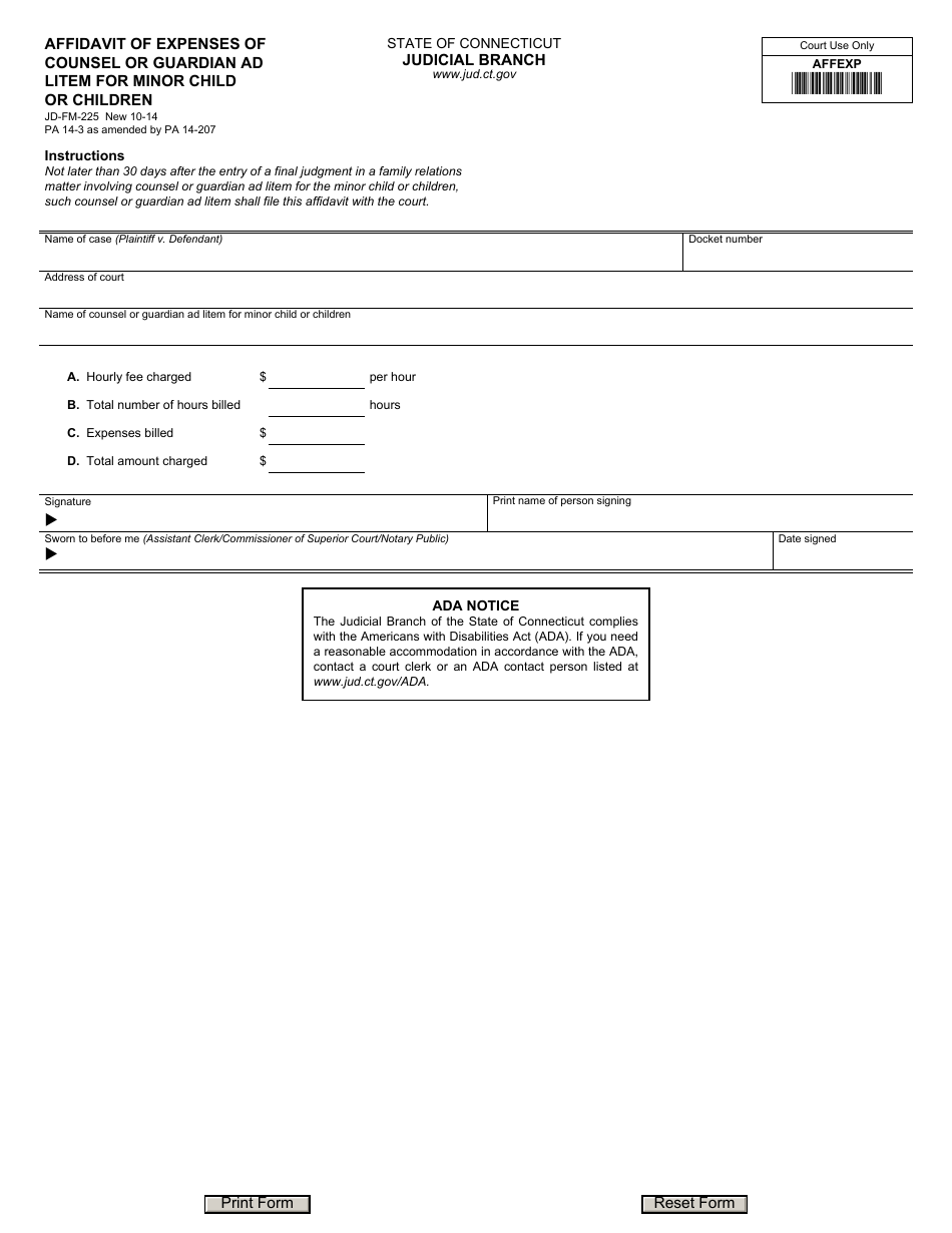 Form JD-FM-225 Affidavit of Expenses of Counsel or Guardian Ad Litem for Minor Child or Children - Connecticut, Page 1