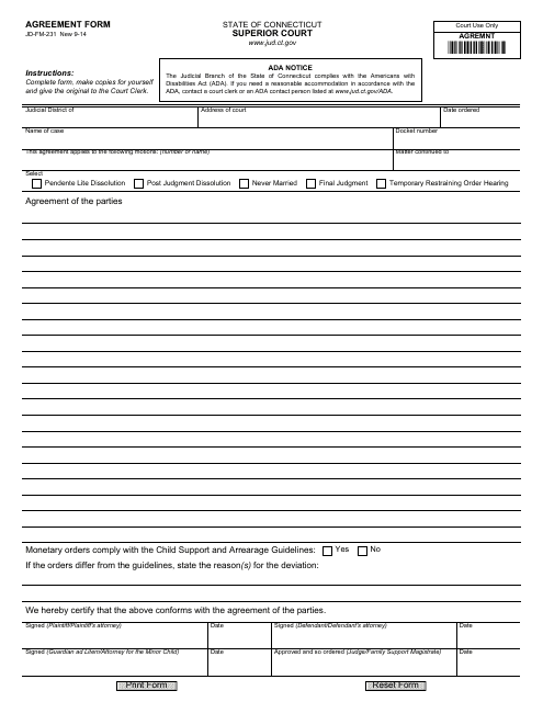 Form JD-FM-231 Agreement Form - Connecticut