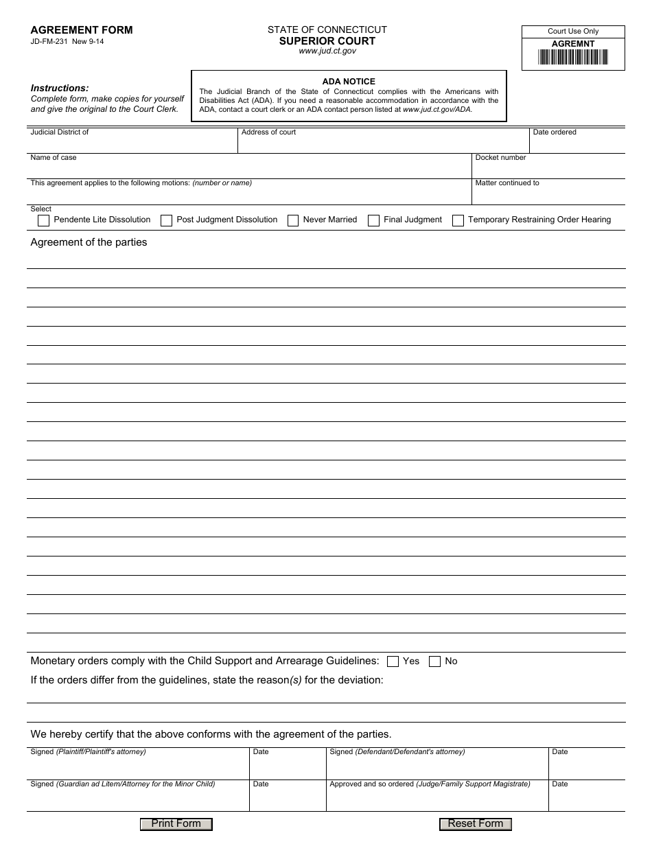 Form JD-FM-231 Agreement Form - Connecticut, Page 1