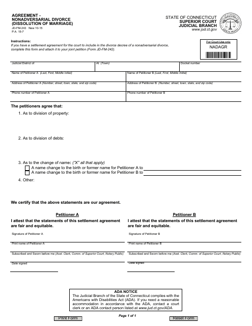 Form JD-FM-243 Agreement - Nonadversarial Divorce (Dissolution of Marriage) - Connecticut