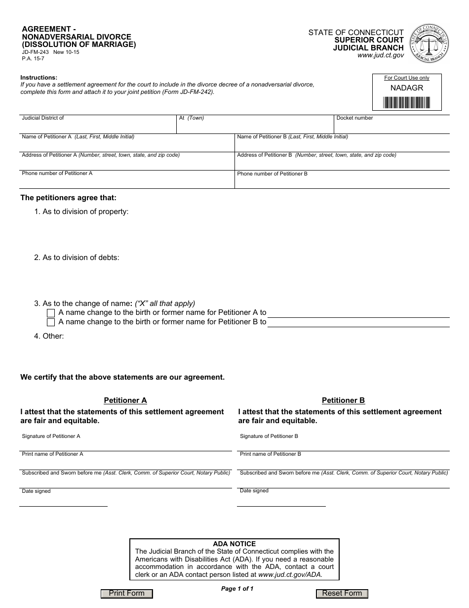Form JD-FM-243 Agreement - Nonadversarial Divorce (Dissolution of Marriage) - Connecticut, Page 1