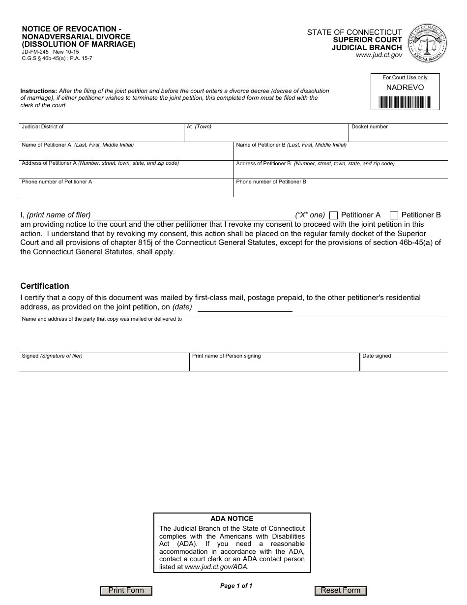 Form JD-FM-245 Notice of Revocation - Nonadversarial Divorce (Dissolution of Marriage) - Connecticut, Page 1