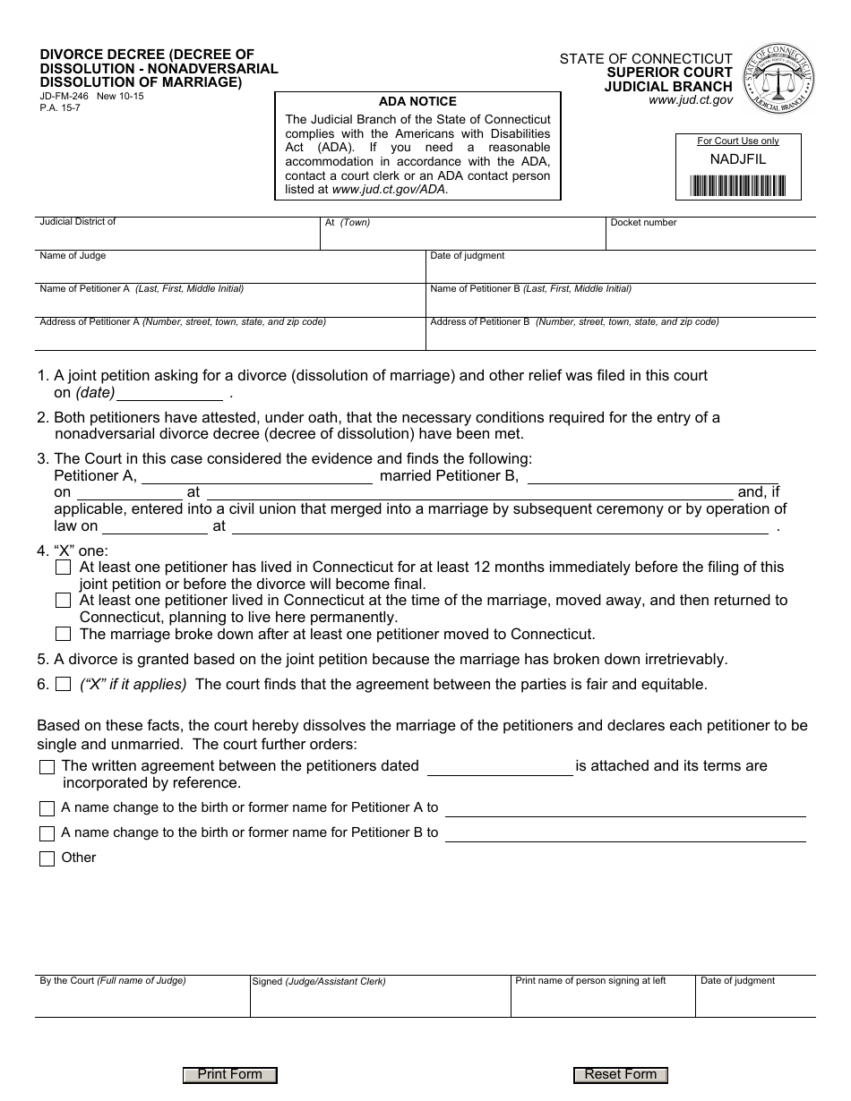 Form JD-FM-246 Divorce Decree (Decree of Dissolution - Nonadversarial Dissolution of Marriage) - Connecticut, Page 1