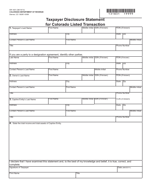 Form DR1831 Taxpayer Disclosure Statement for Colorado Listed Transaction - Colorado