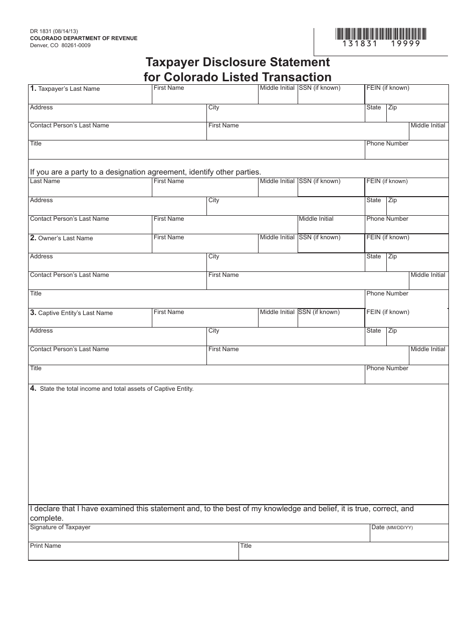 Form DR1831 Taxpayer Disclosure Statement for Colorado Listed Transaction - Colorado, Page 1