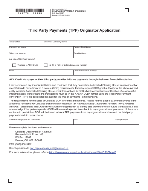 Form DR5778 Third Party Payments (Tpp) Originator Application - Colorado