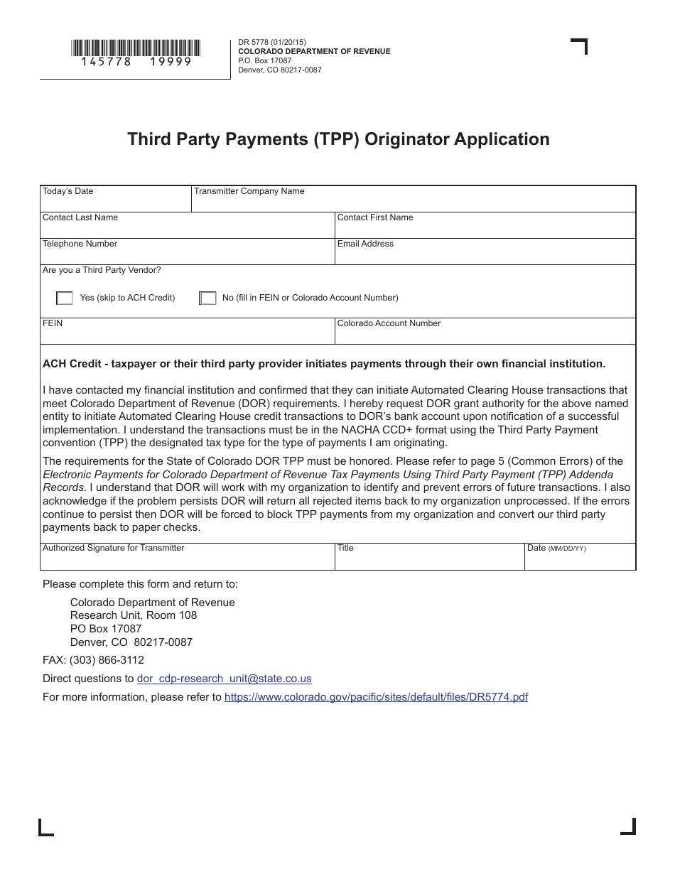 Form DR5778 Third Party Payments (Tpp) Originator Application - Colorado, Page 1