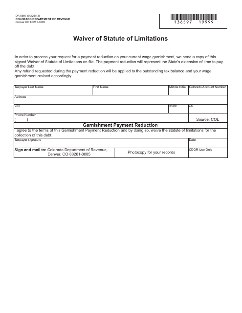 Form DR6597 Waiver of Statute of Limitations - Colorado