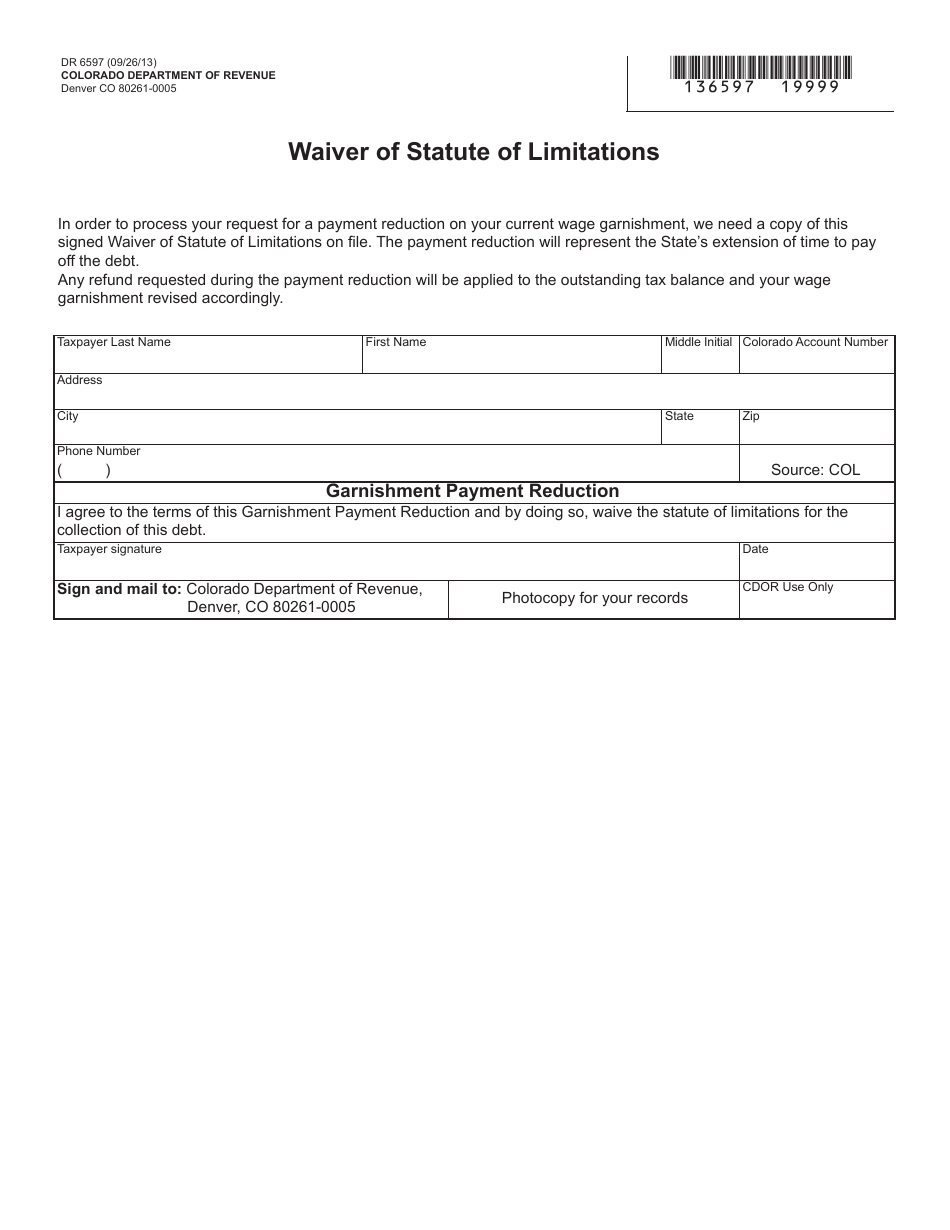Form DR6597 Waiver of Statute of Limitations - Colorado, Page 1