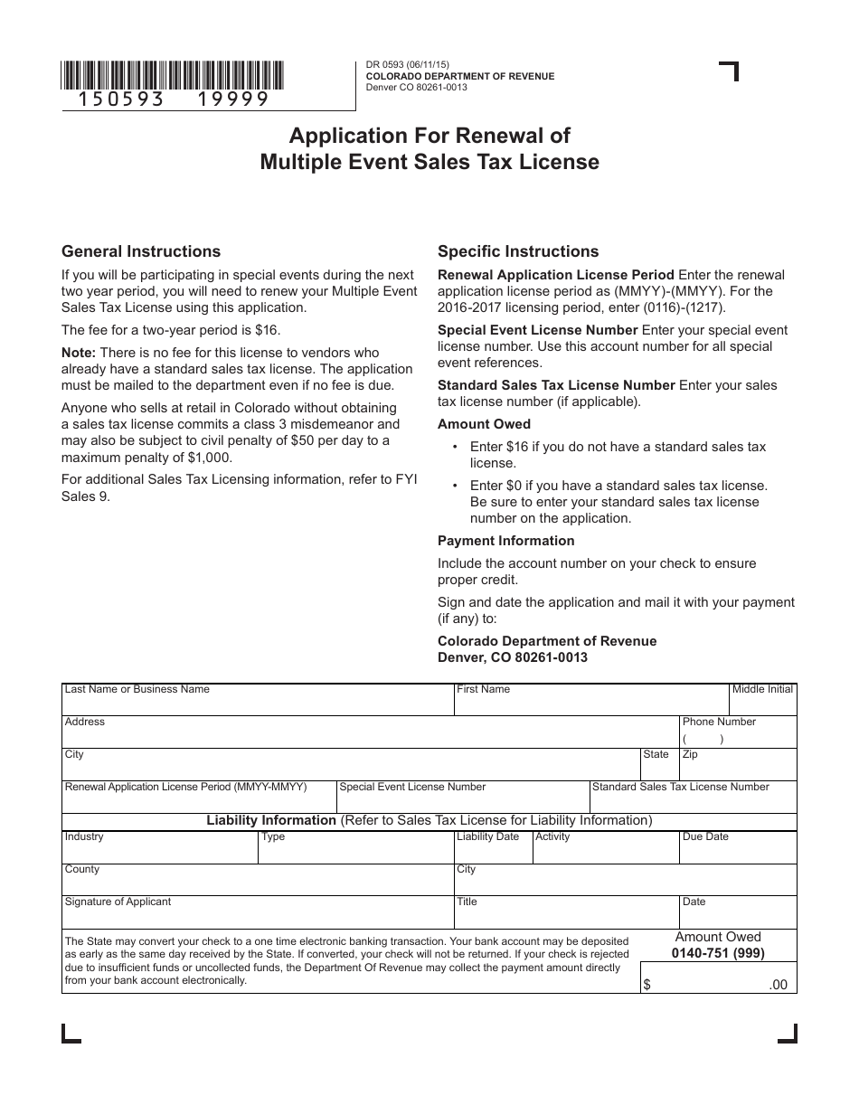 Form DR0593 Application for Renewal of Multiple Event Sales Tax License - Colorado, Page 1