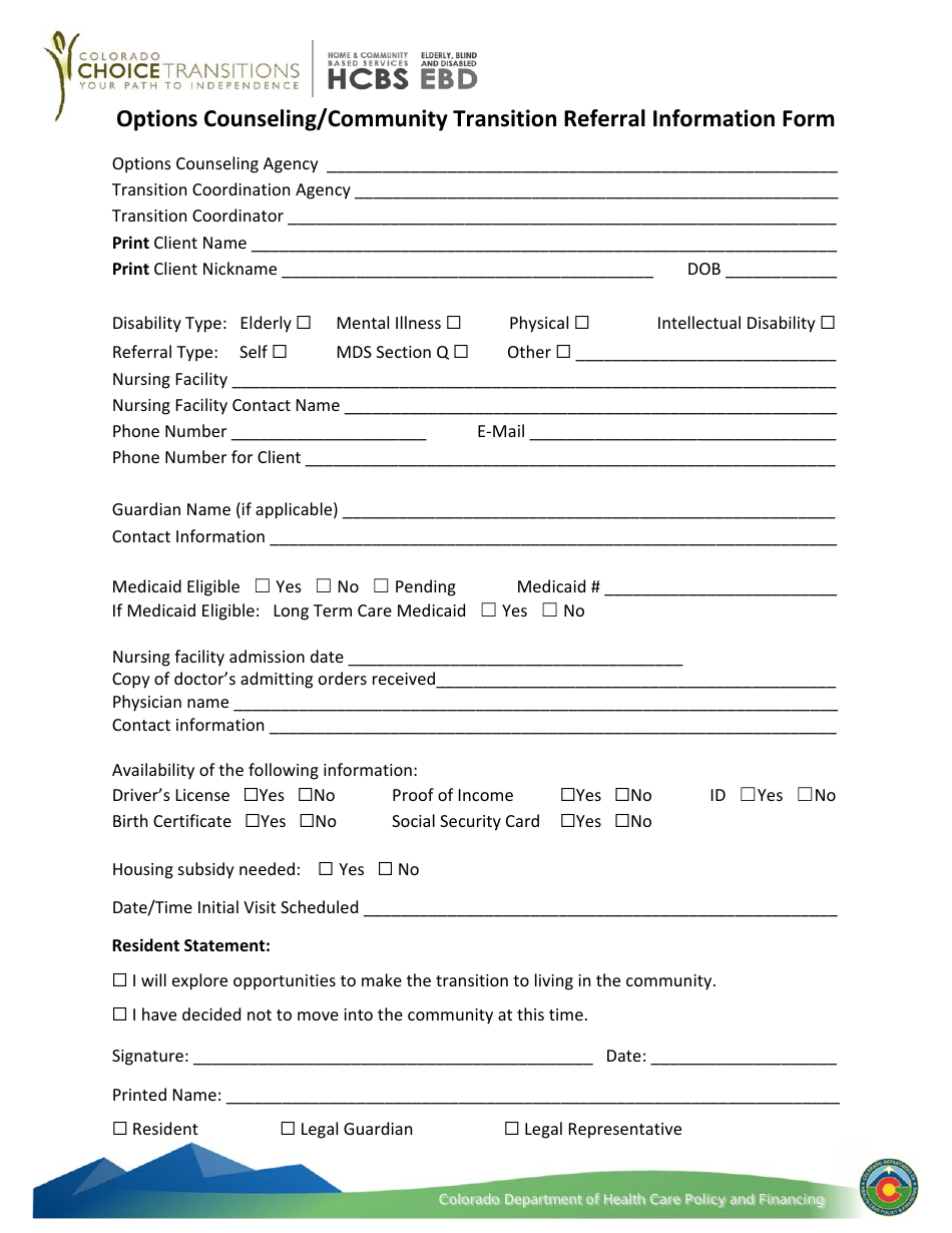 Options Counseling / Community Transition Referral Information Form - Colorado, Page 1