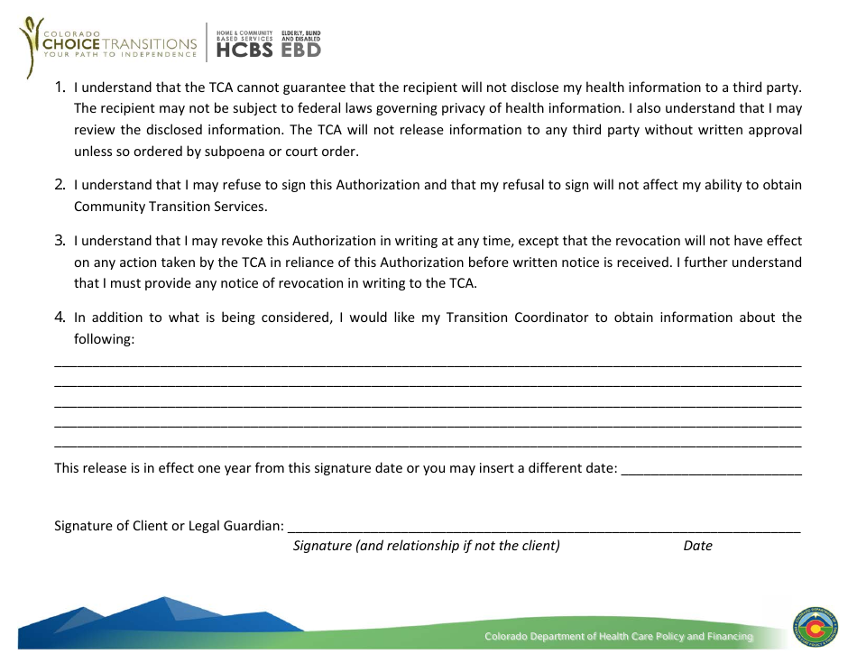 Community Transition Services  Colorado Choice Transition (Cct) and Hcbs  Ebd Authorization for Release of Information - Colorado, Page 2